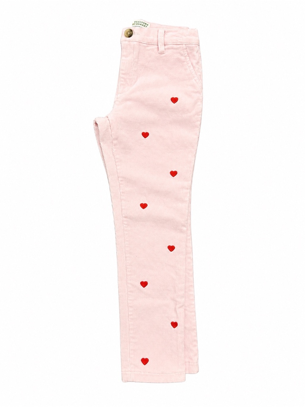 The Beaufort Bonnet Company Pink Skinny Corduroys with Red Heart Embroidery